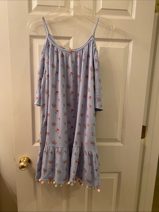 Easel Dresses & Skirts - easel Light Blue Floral Off-Shoulder Mini Dress with Pom-Pom Trim